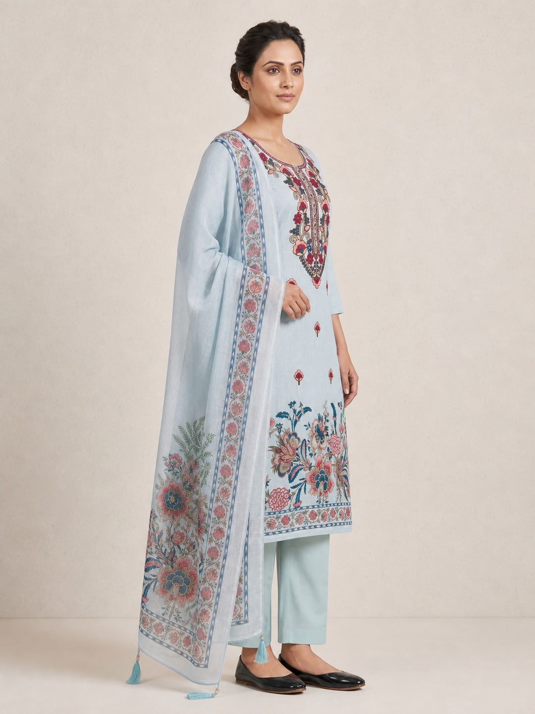 Peachmode Light Blue Floral Embroidered Linen Cotton Dress Material - Image 4