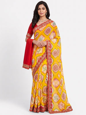 Yellow Bandhani Printed Georgette Saree With Sequins Embroidered Border - Image 2