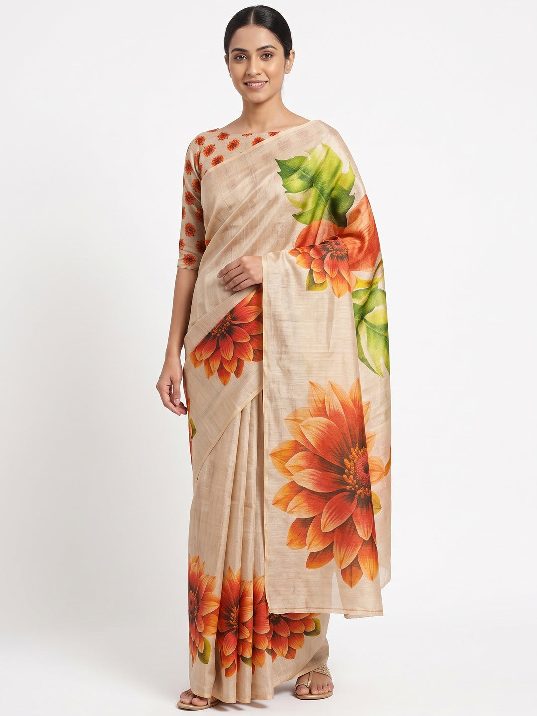 Light Chikoo Floral Printed Art Silk Saree - Image 1