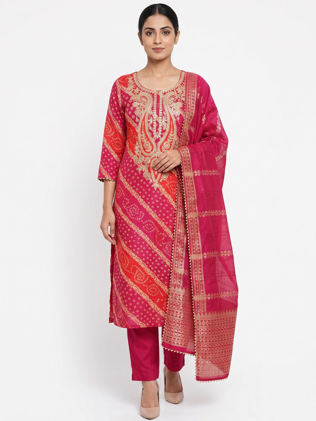 Rani Pink Bandhani Printed With Cording Sequins Emboridery Chanderi Silk Dress Material - Image 1