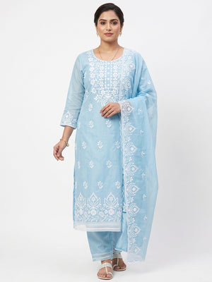 Designer Blue Floral Thread Embroidered Chanderi Cotton Dress Material - Image 1