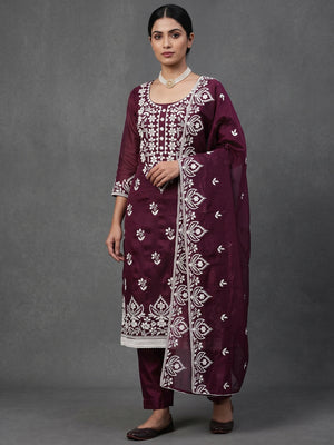 Designer Wine Floral Thread Embroidered Chanderi Cotton Dress Material - Image 1