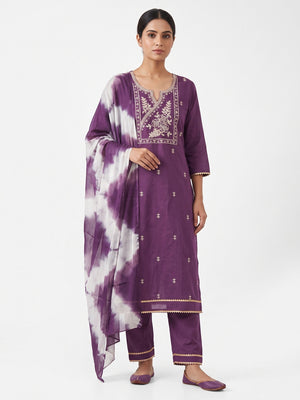 Purple Cotton Blend Dress Material Highlighted With Floral Thread & Sequins Work - Image 1