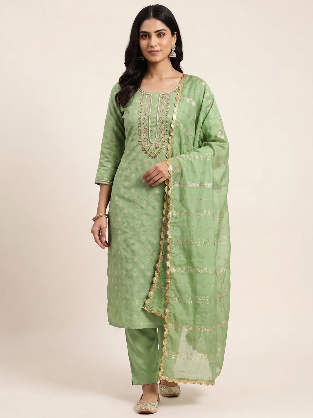 Green Woven With Handwork Jacquard Dress Material - Image 4