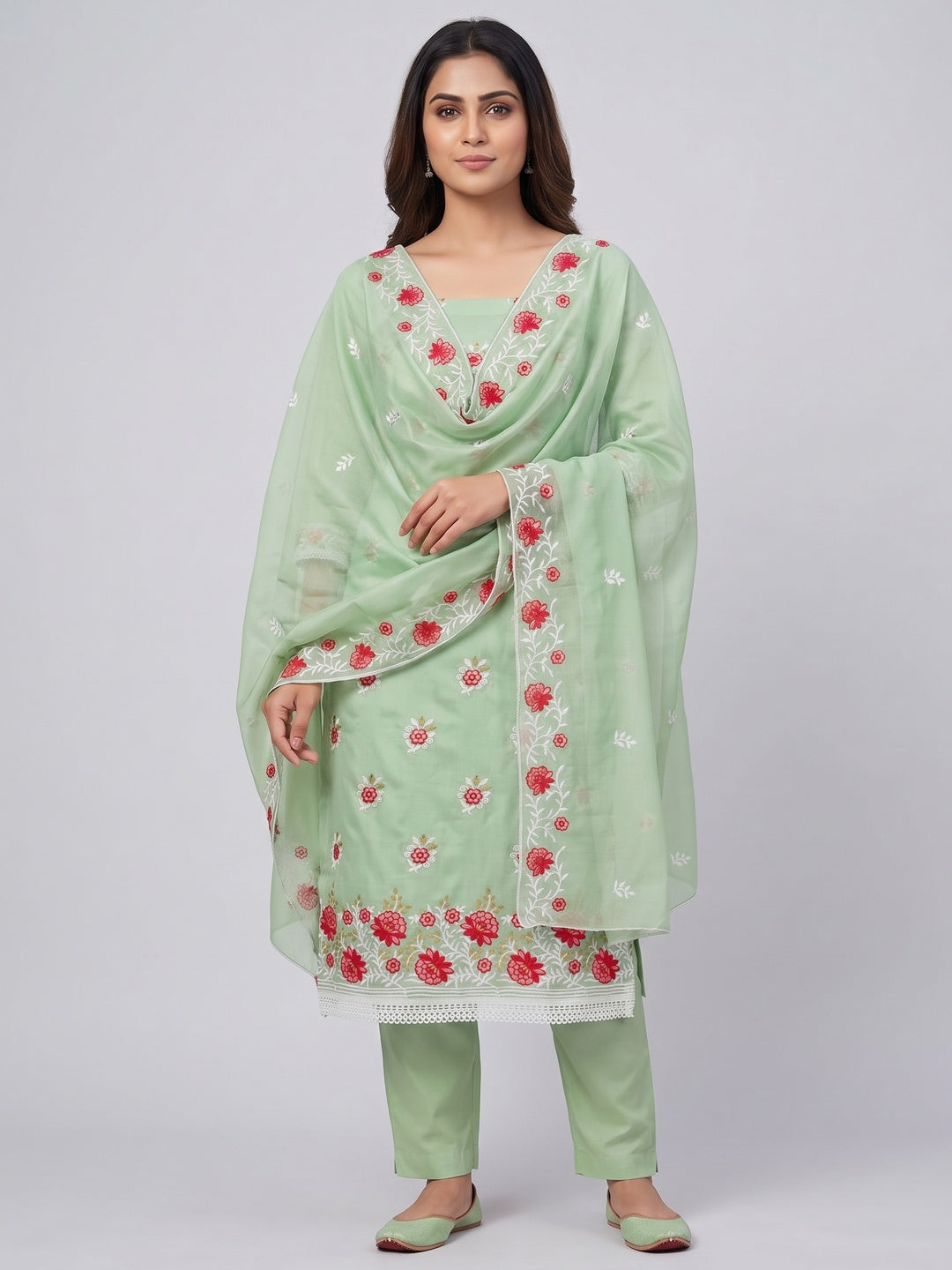 Pista Green Floral Embroidered Chanderi Cotton Dress Material - Image 4