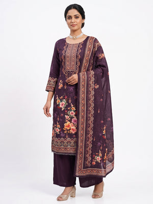 Wine Muslin Suit Fabric Featuring Floral Print & Stone Highlights - Image 1