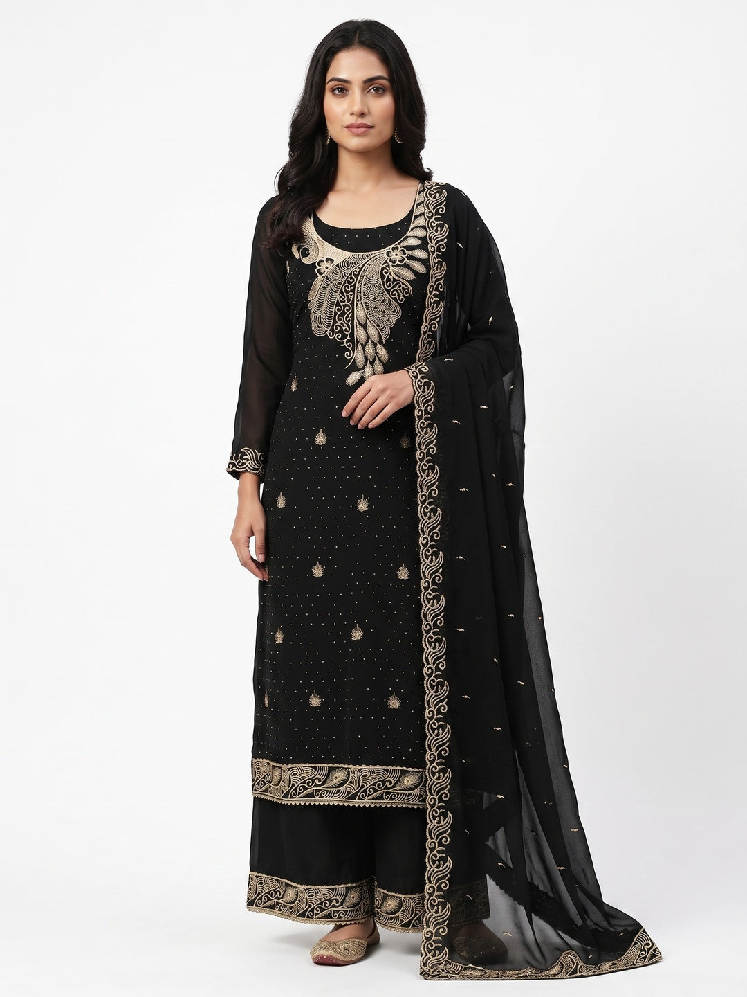 Sophisticated Black Floral Embroidered Georgette Dress Material Enhanced With Fine Swarovski Work - Image 1