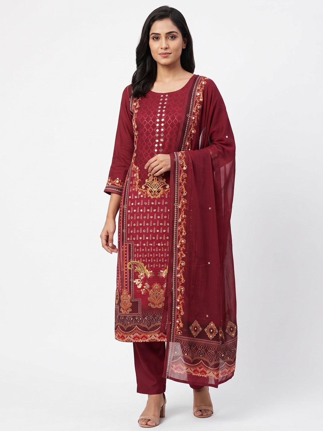 Maroon Rayon Dress Material With Floral Digital Print & Sparkling Mirror Accents - Image 1