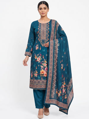 Teal Muslin Suit Fabric Featuring Floral Print & Stone Highlights - Image 1