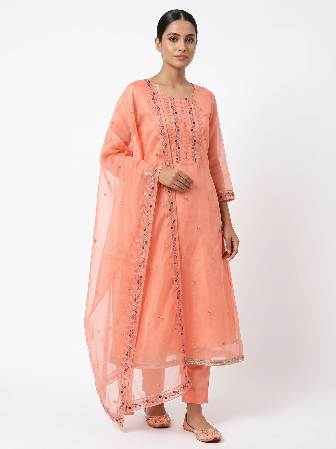 Elegant Peach Organza Embroidered Unstitched Dress Material - Image 1