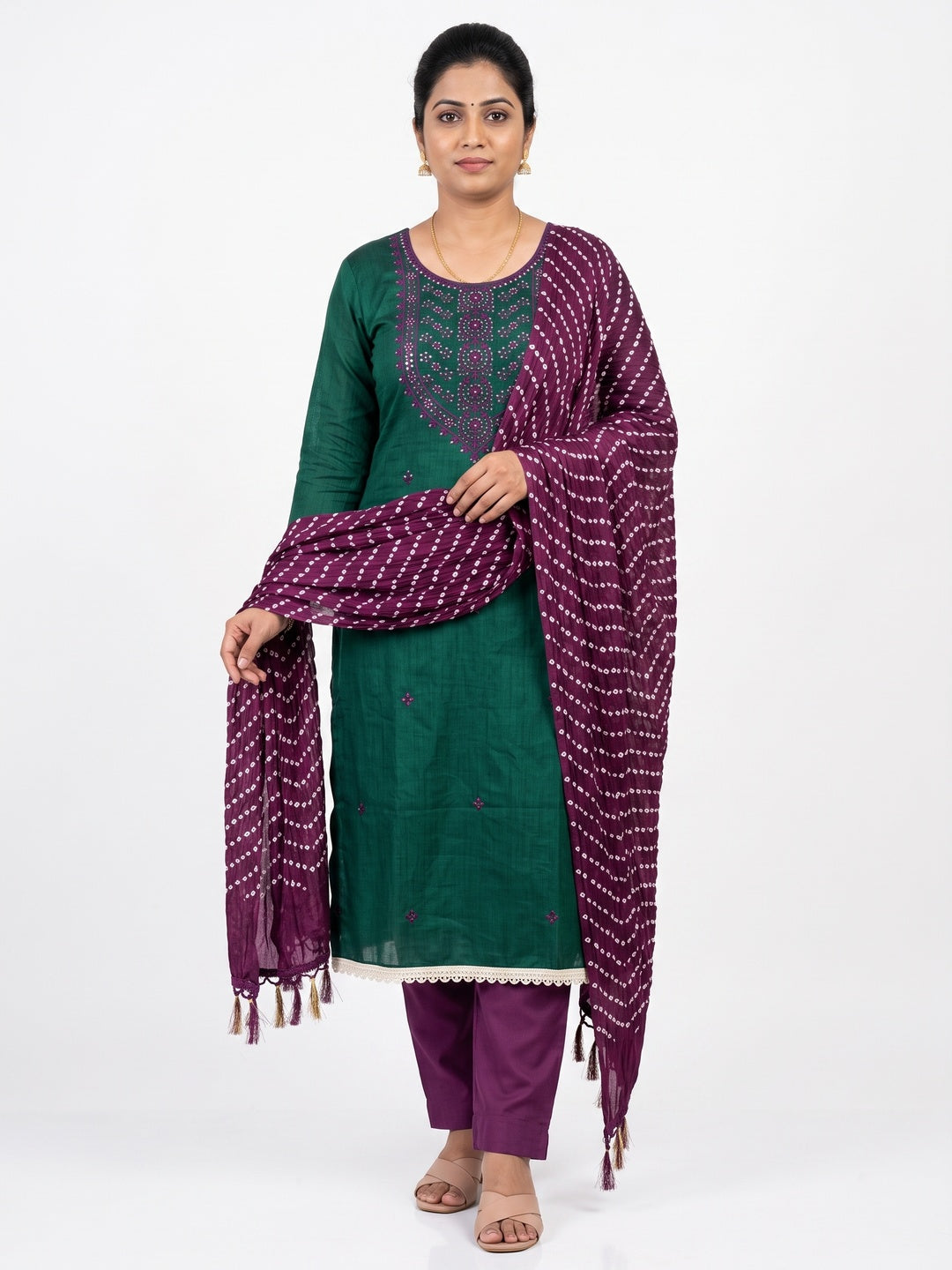 Unstitched Green Cotton Dress Material Enhanced with Thread Embroidery - Image 1