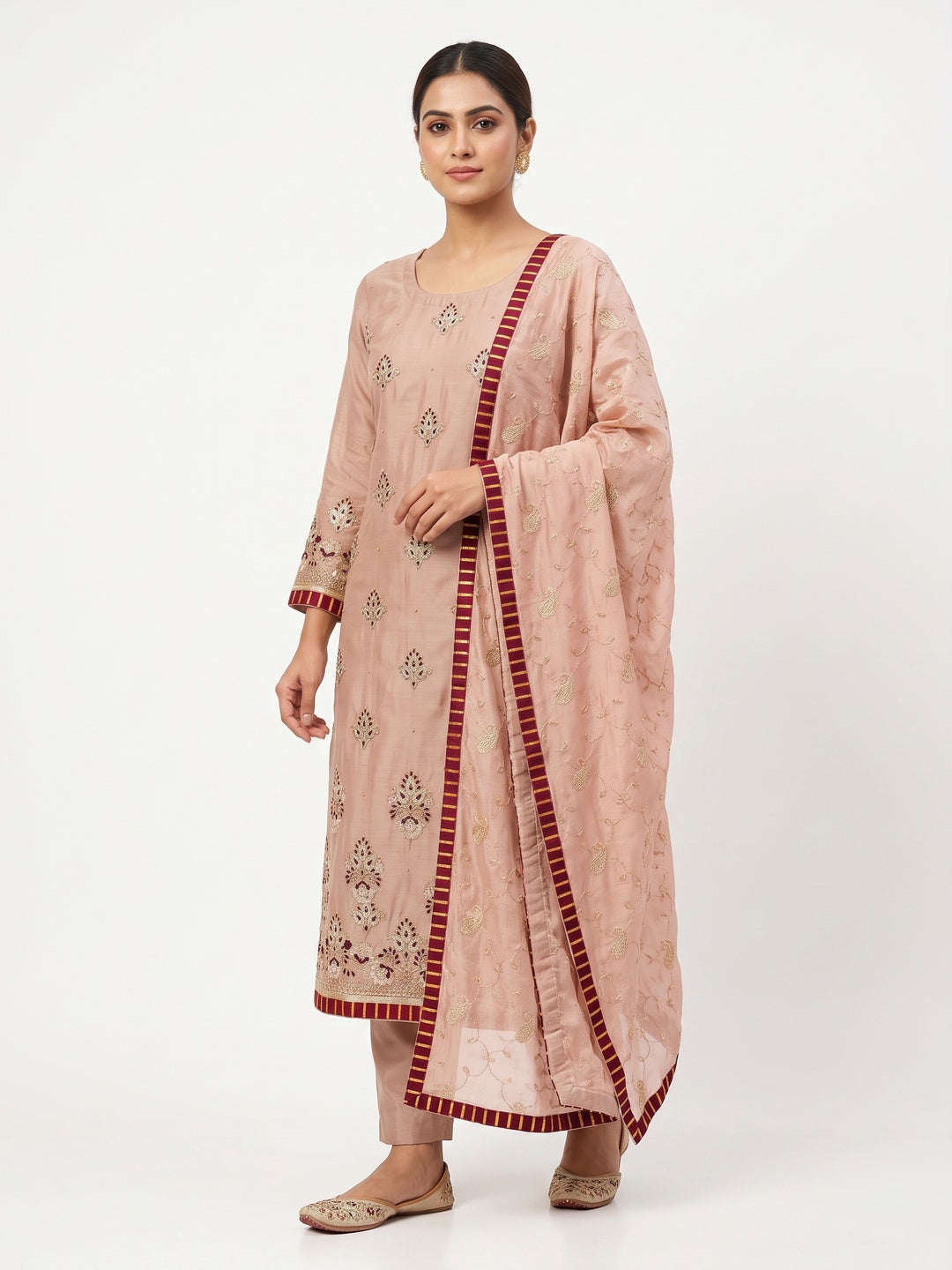 Elegant Embroidered Modal Dress Material in Peach - Image 1