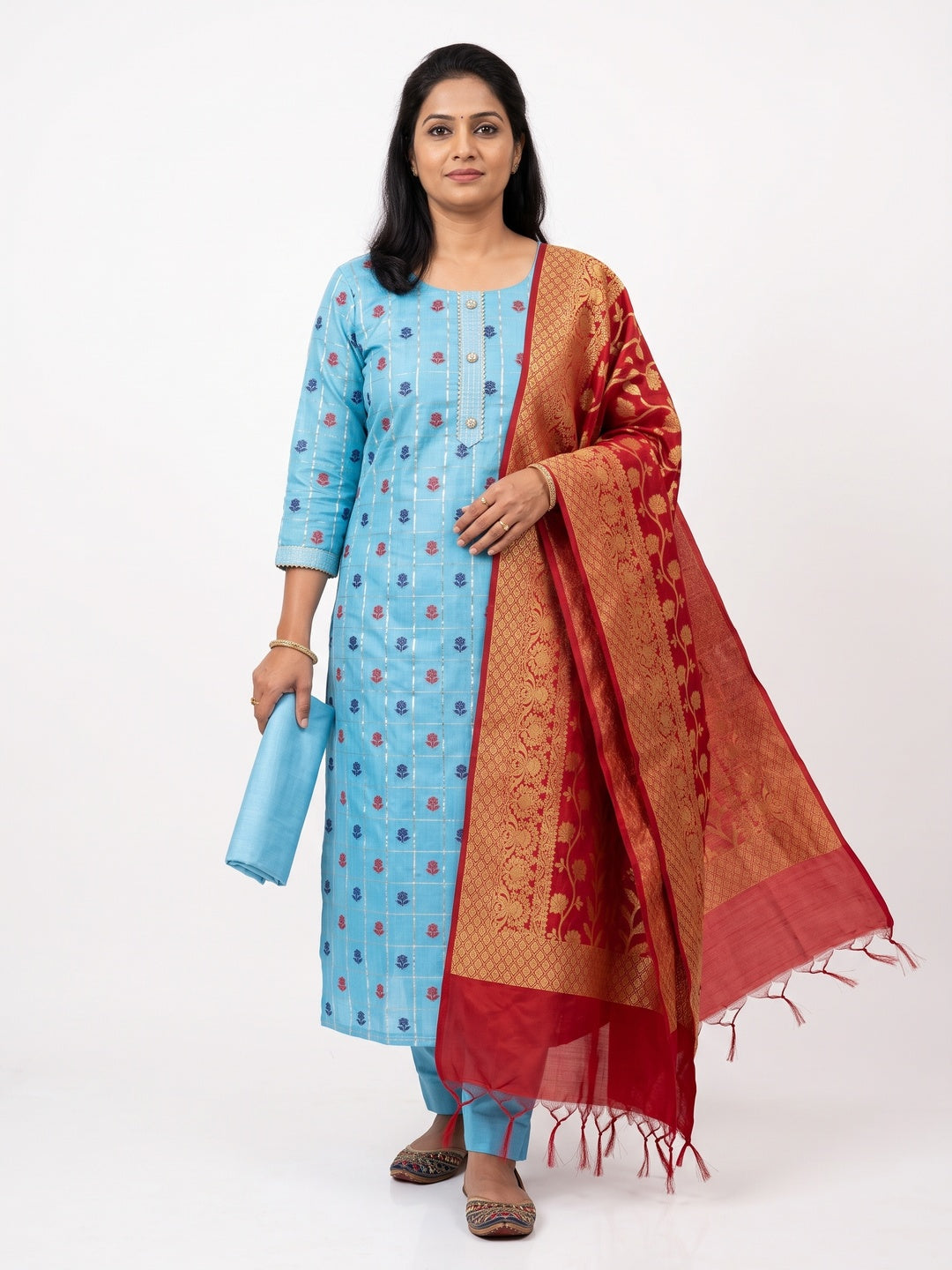 Elegant Blue Banarasi Silk Checked Dress Material Set - Image 1