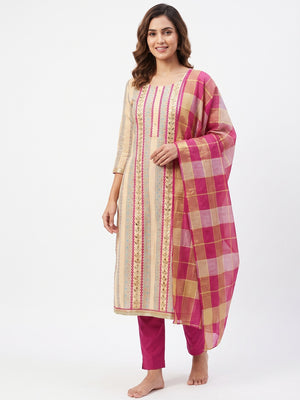 Graceful Beige Colored Casual Embroidered Cotton Dress Material - Image 1