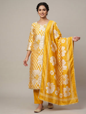 Yellow Digital Printed Cotton Silk Dress Material Featuring Floral & Zig Zag Patterns With Handwork - Image 1