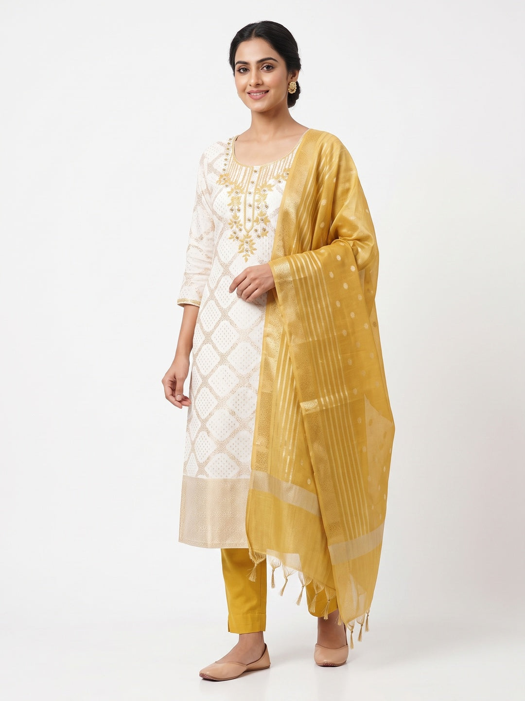 Embroidered Offwhite Muslin Dress Material with Mustard Dupatta - Image 1