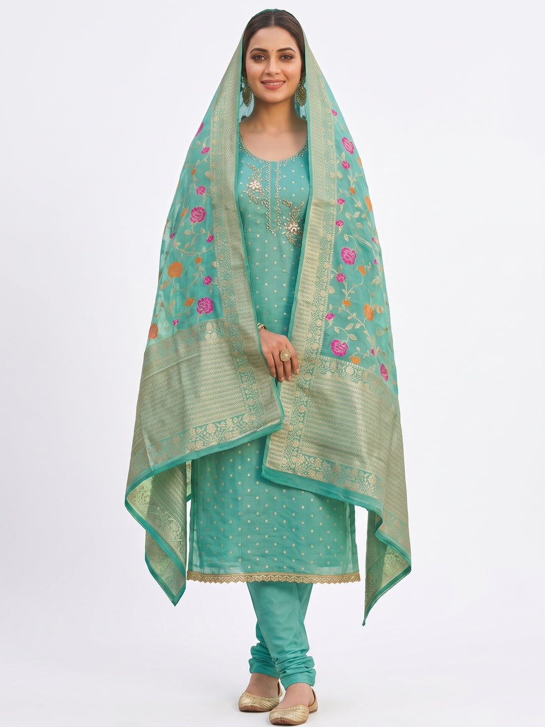 Elegant Turquoise Weaving Shimmer Banarasi Dress Material Adorned With Floral Moti & Sequin Work - Image 2