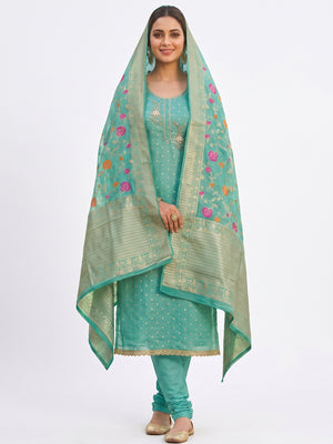 Elegant Turquoise Weaving Shimmer Banarasi Dress Material Adorned With Floral Moti & Sequin Work - Image 2