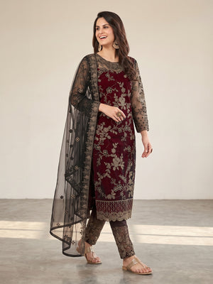 Maroon Floral Embroidered Net Semi Stitched Suit - Image 1