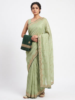 Green Sequins Embroidered Tussar silk Saree - Image 1
