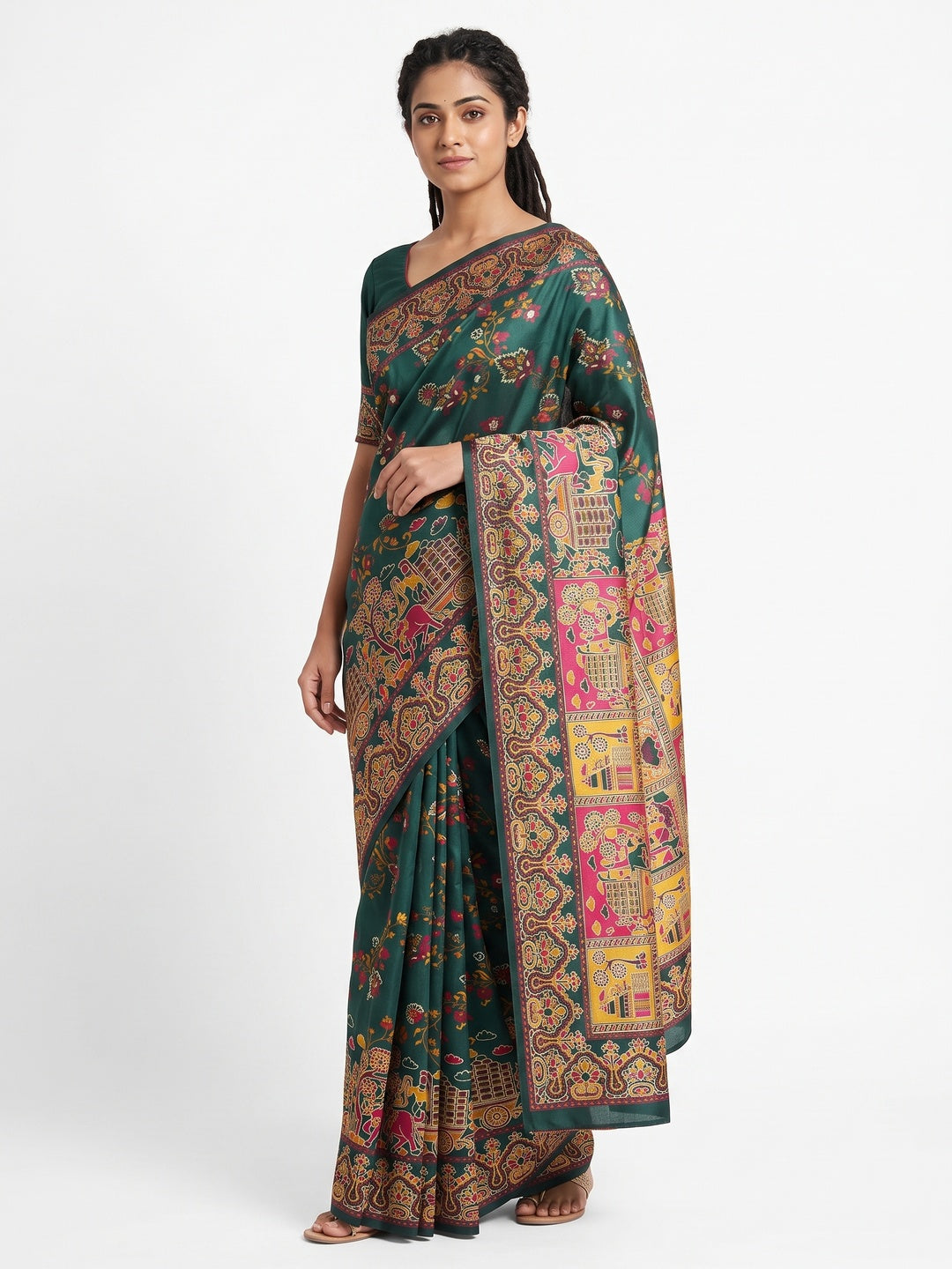 Royal Dark Green Pashmina Silk Saree with Rajwadi Zari Weaving - Image 1