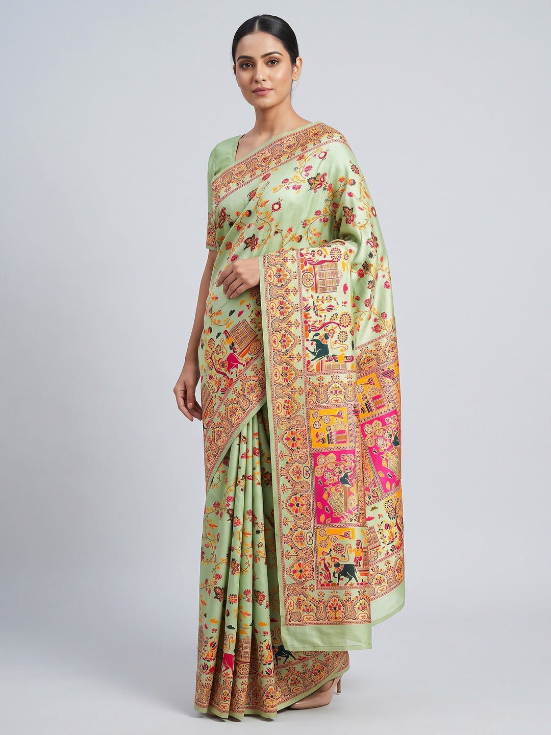 Royal Pista Green Pashmina Silk Saree with Rajwadi Zari Weaving - Image 1