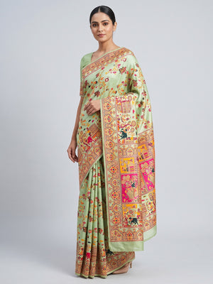 Royal Pista Green Pashmina Silk Saree with Rajwadi Zari Weaving - Image 1