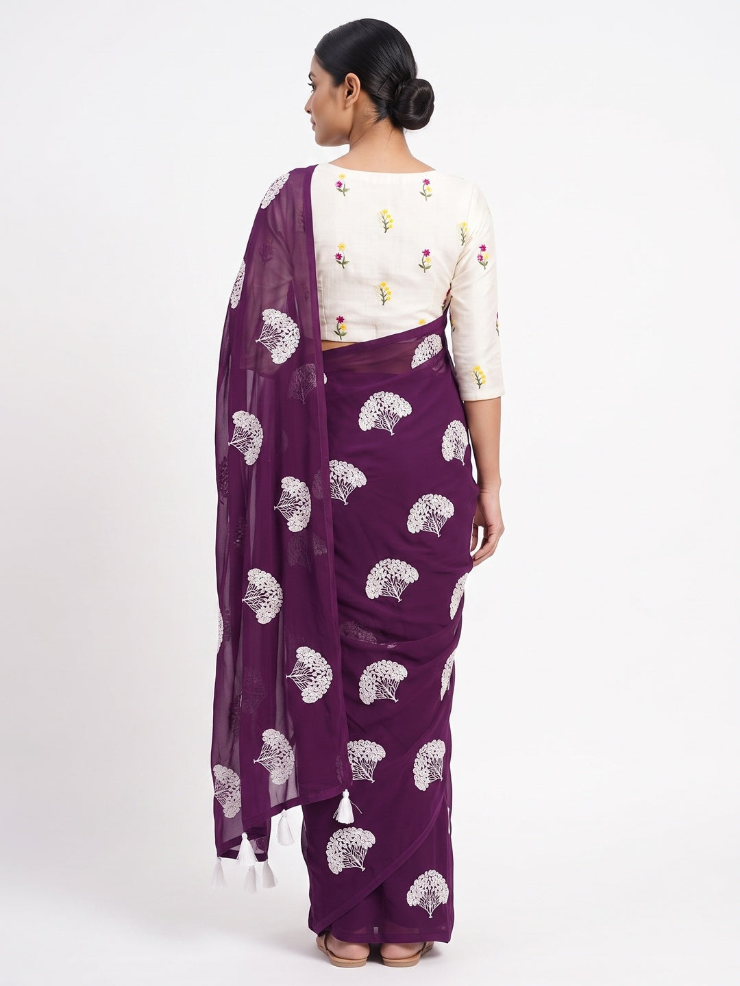 Dark Purple Thread Embroidered Georgette Saree With Tassels - Image 2