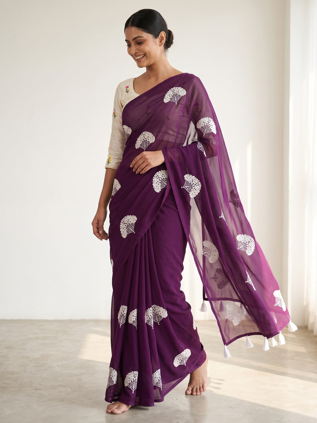 Dark Purple Thread Embroidered Georgette Saree With Tassels - Image 4