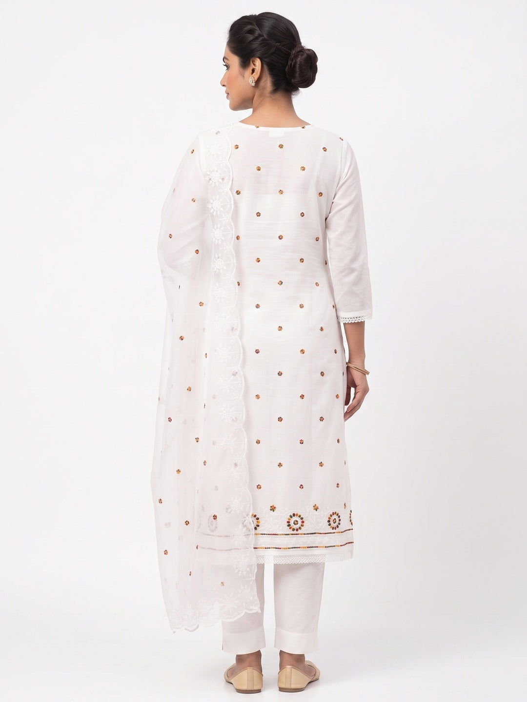 White Embroidered Cotton Blend Suit Fabric with Soft Floral Detailing - Image 2