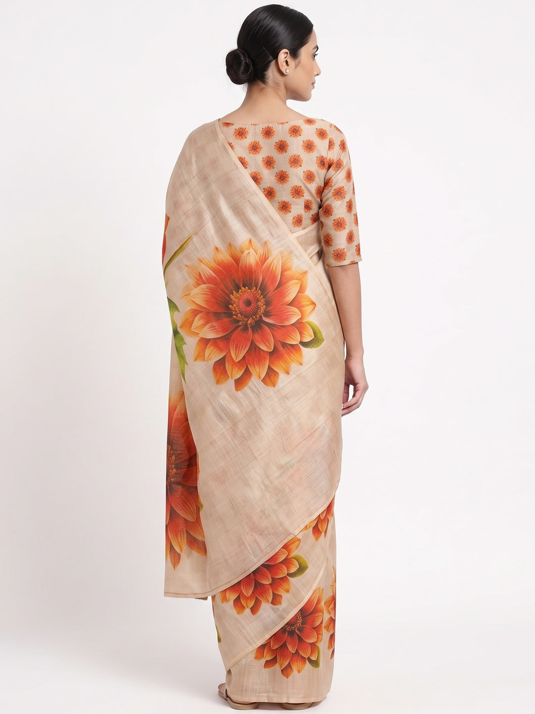 Light Chikoo Floral Printed Art Silk Saree - Image 2