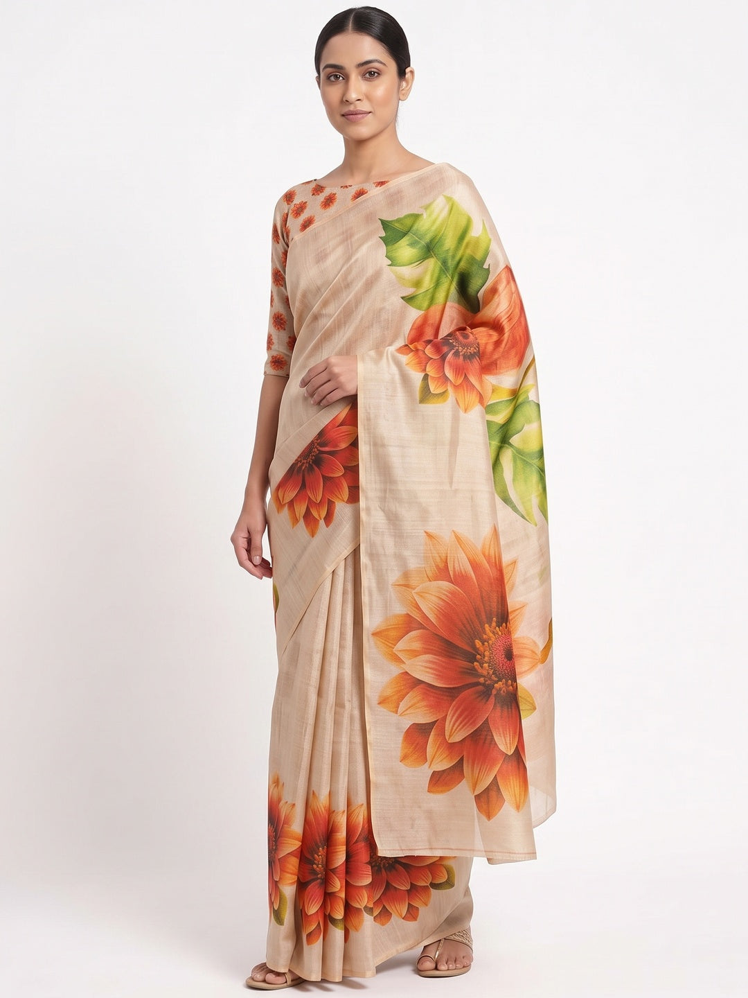 Light Chikoo Floral Printed Art Silk Saree - Image 3