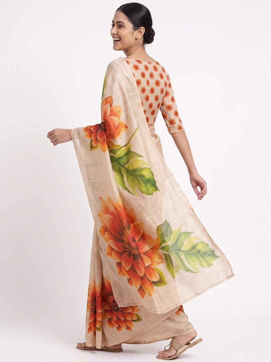 Light Chikoo Floral Printed Art Silk Saree - Image 4