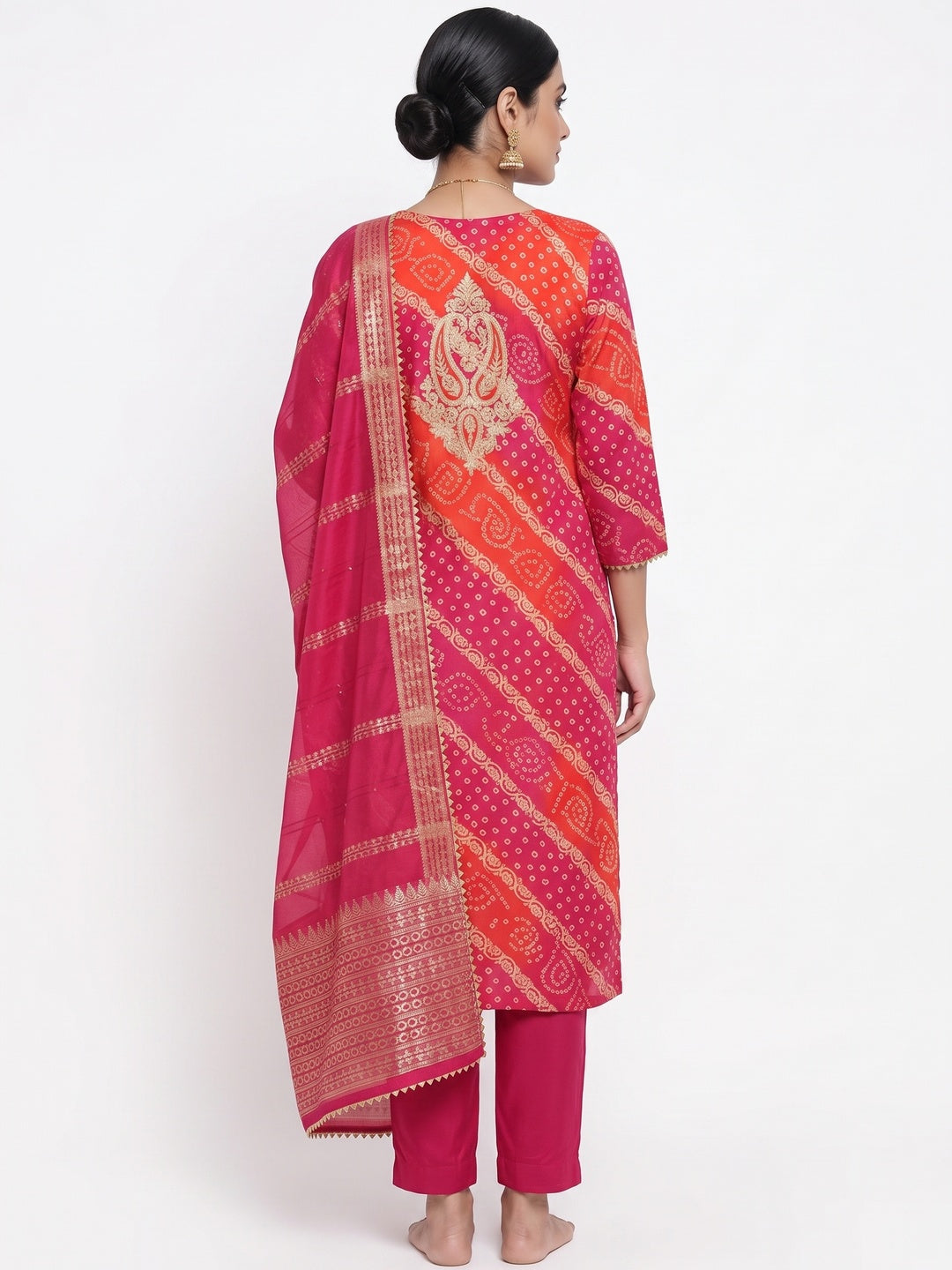 Rani Pink Bandhani Printed With Cording Sequins Emboridery Chanderi Silk Dress Material - Image 2