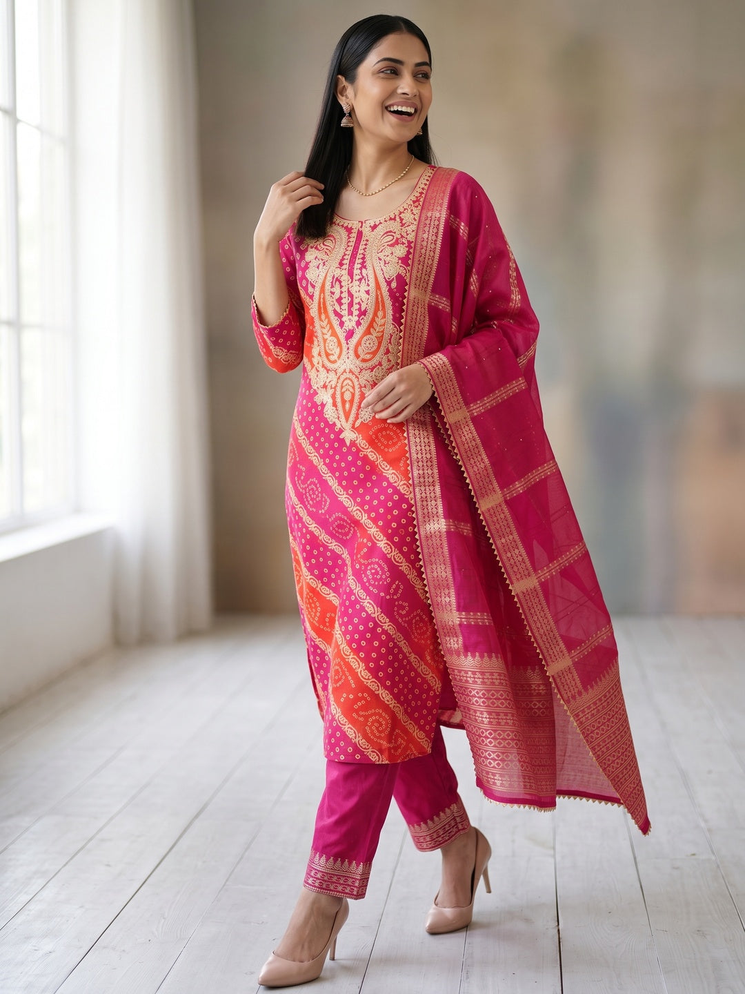 Rani Pink Bandhani Printed With Cording Sequins Emboridery Chanderi Silk Dress Material - Image 4