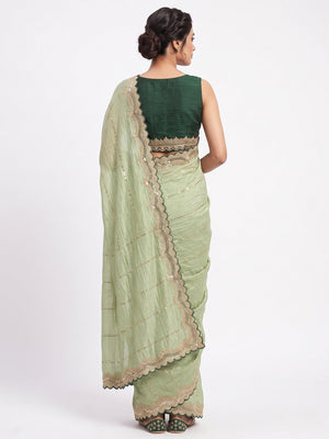 Green Sequins Embroidered Tussar silk Saree - Image 2