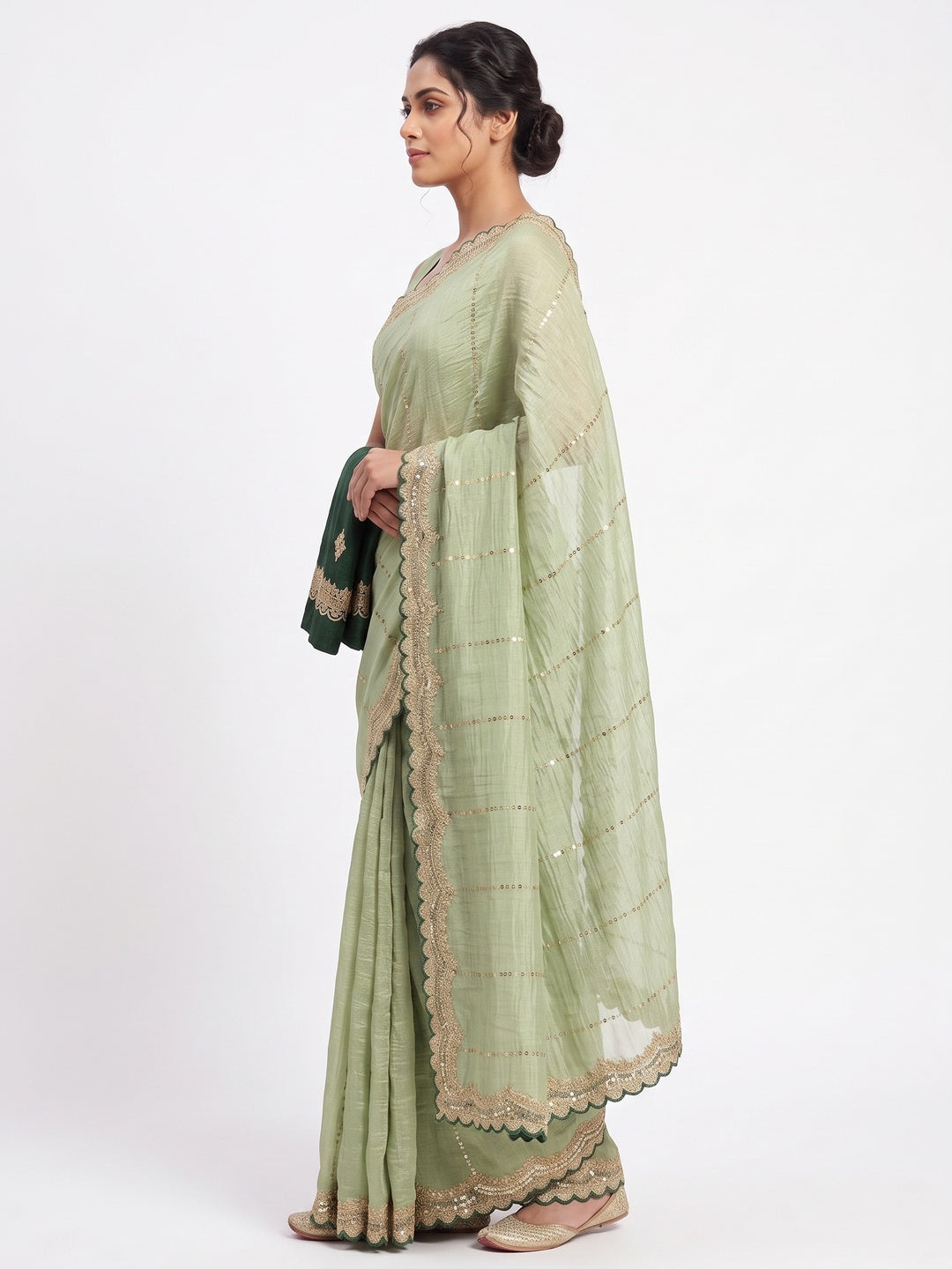 Green Sequins Embroidered Tussar silk Saree - Image 3