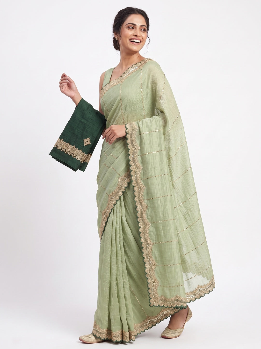 Green Sequins Embroidered Tussar silk Saree - Image 4