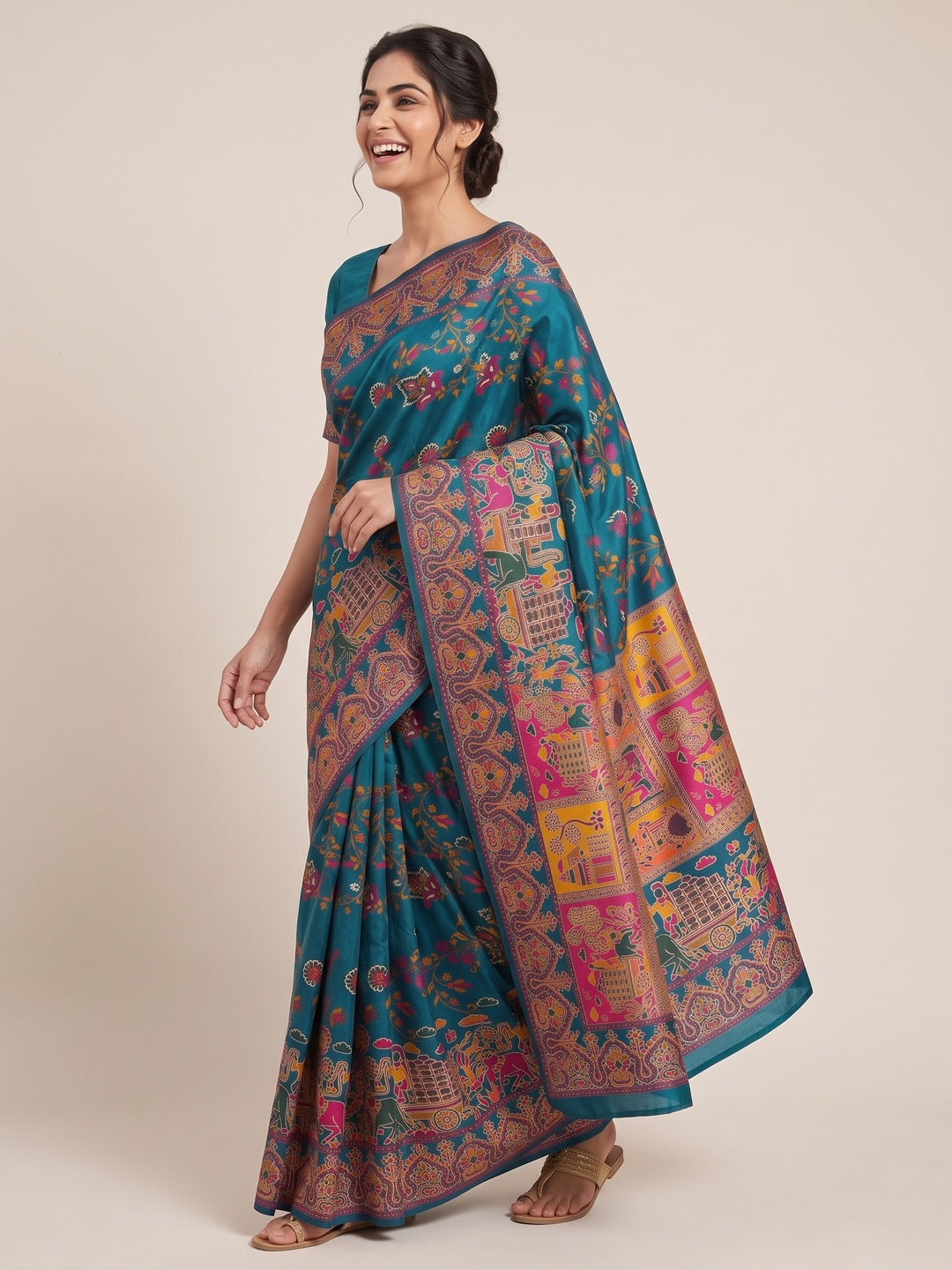 Royal Teal Pashmina Silk Saree with Rajwadi Zari Weaving - Image 4