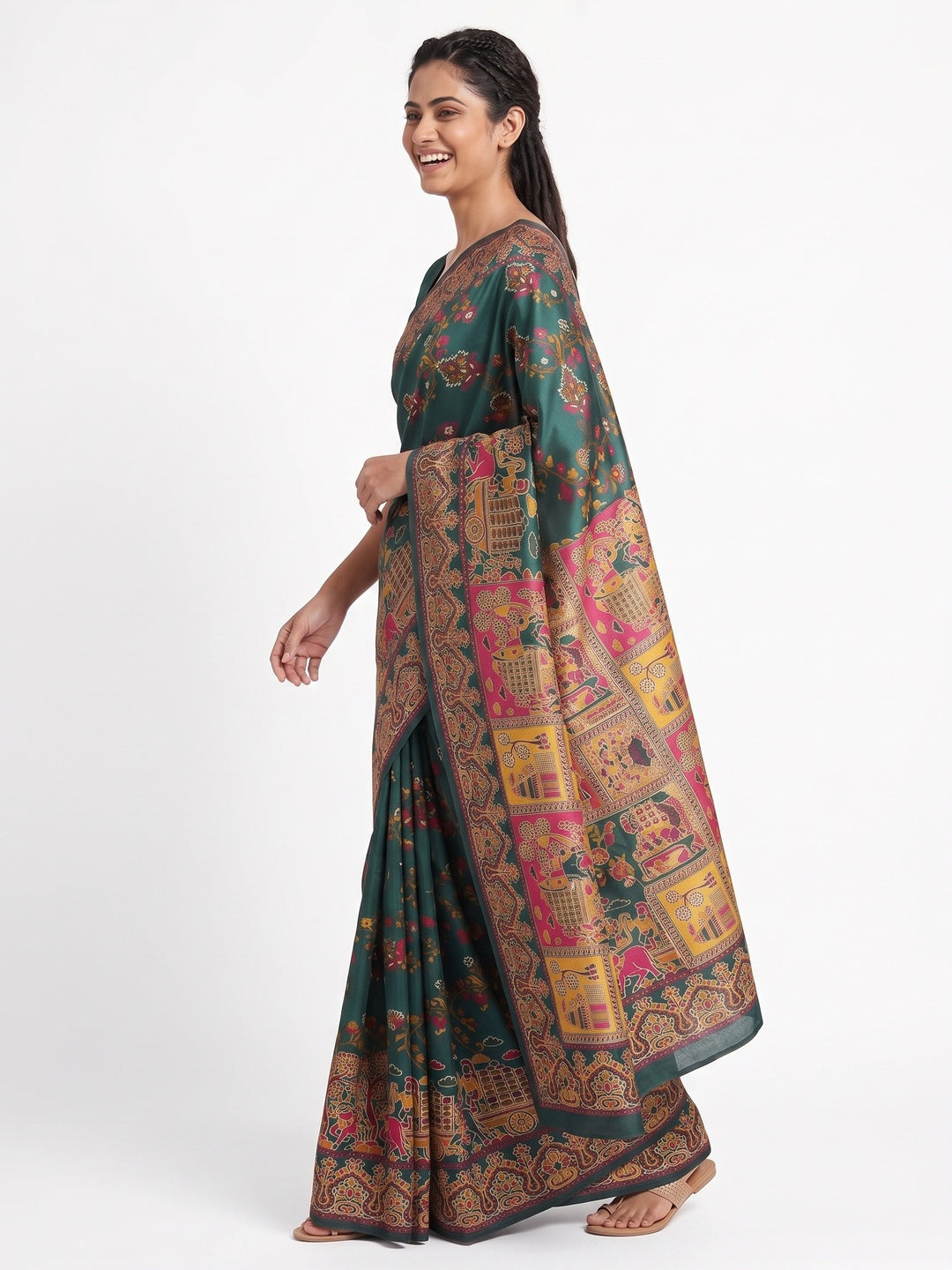 Royal Dark Green Pashmina Silk Saree with Rajwadi Zari Weaving - Image 4