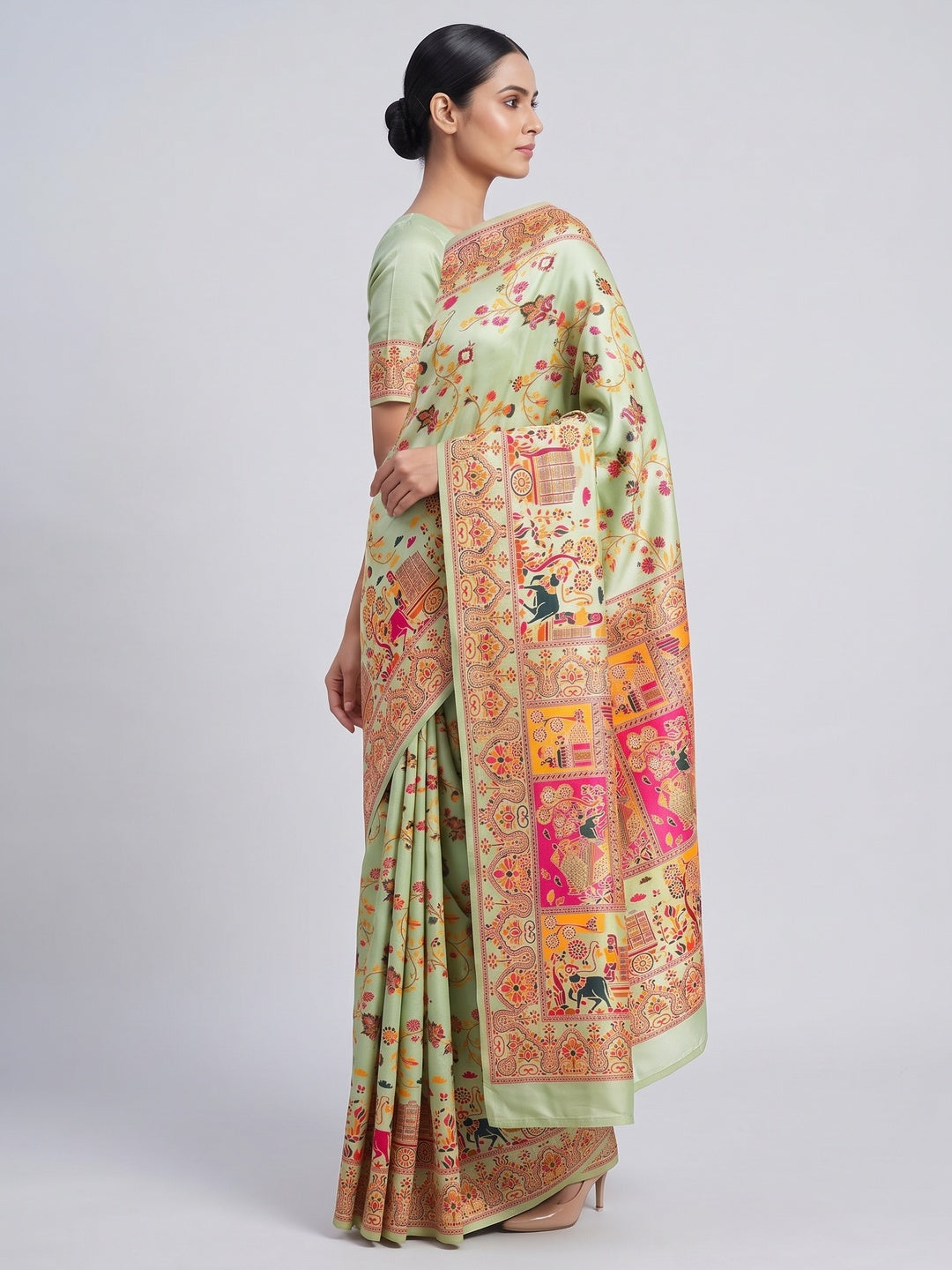 Royal Pista Green Pashmina Silk Saree with Rajwadi Zari Weaving - Image 3