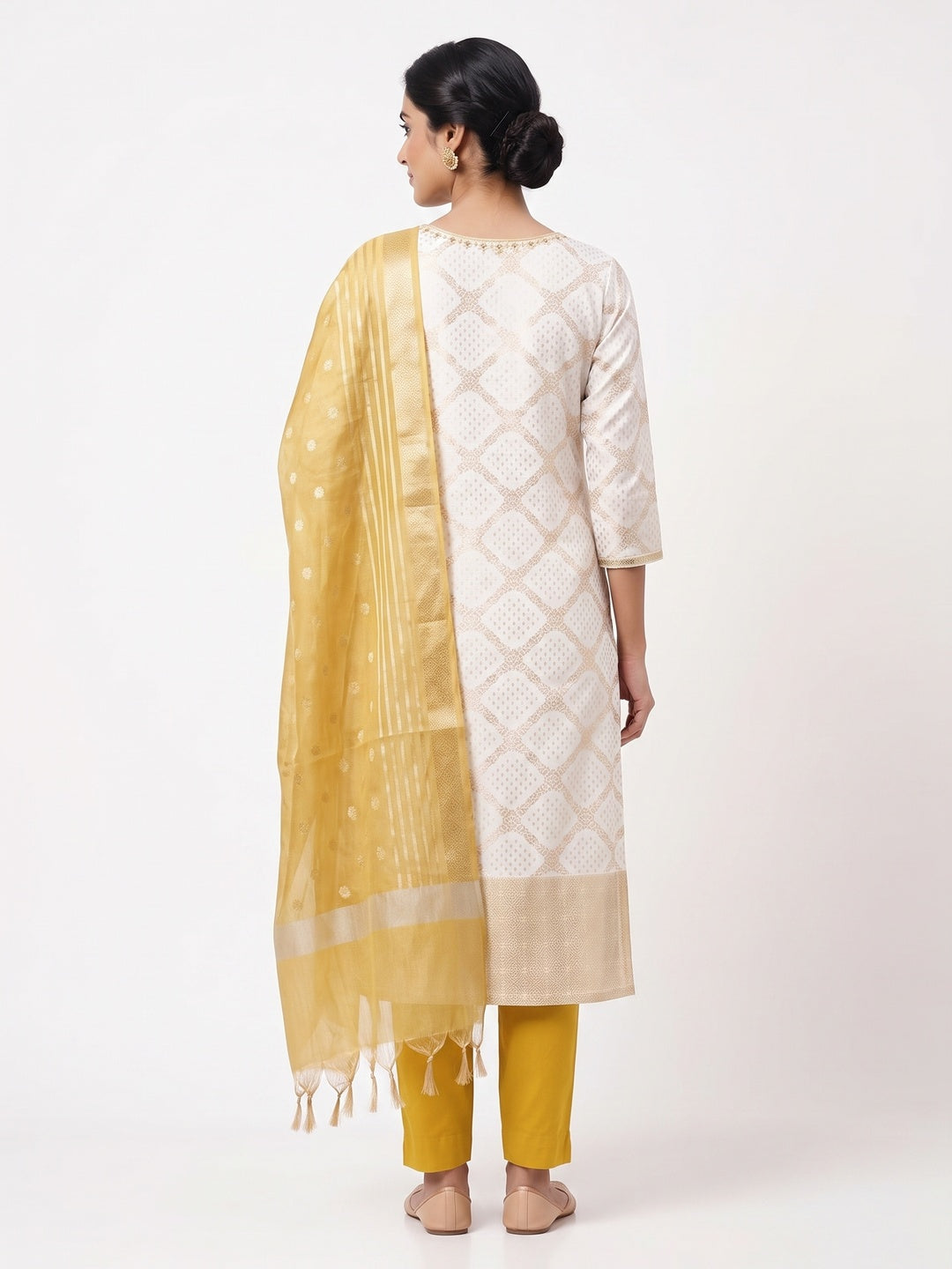 Embroidered Offwhite Muslin Dress Material with Mustard Dupatta - Image 2