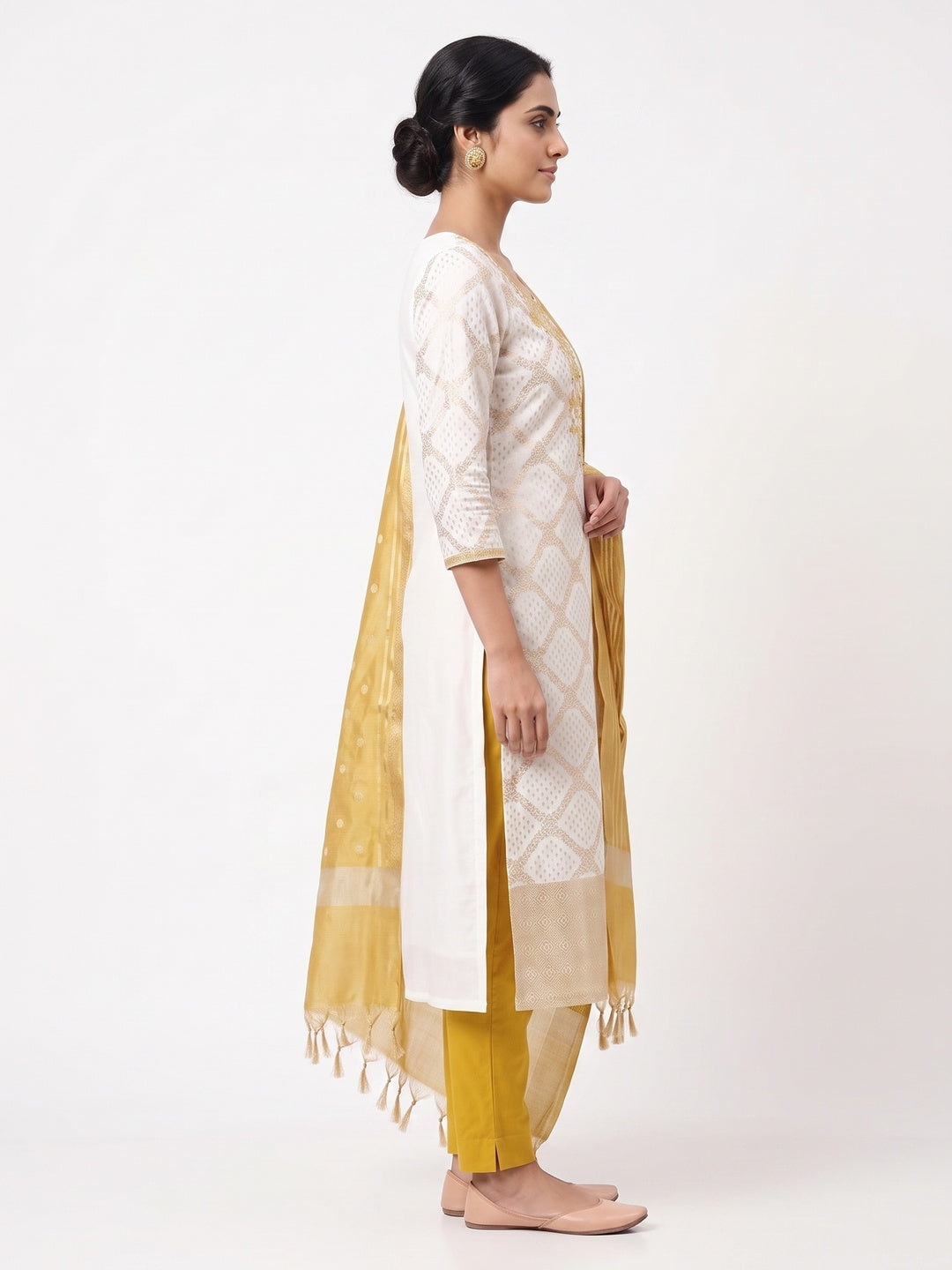 Embroidered Offwhite Muslin Dress Material with Mustard Dupatta - Image 3
