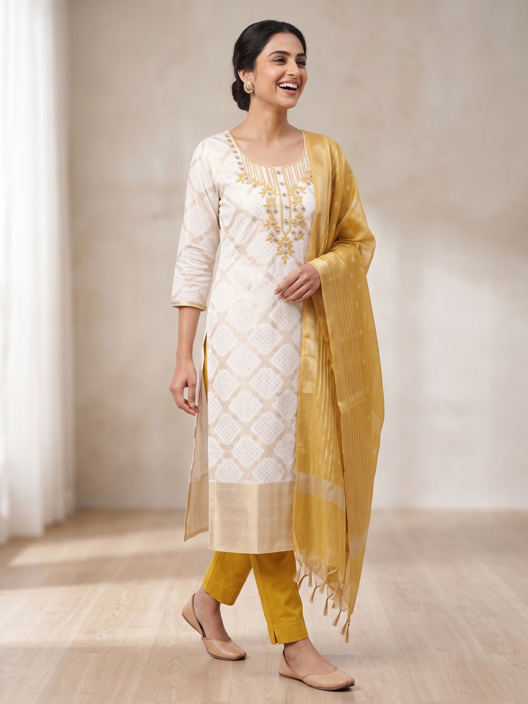 Embroidered Offwhite Muslin Dress Material with Mustard Dupatta - Image 4