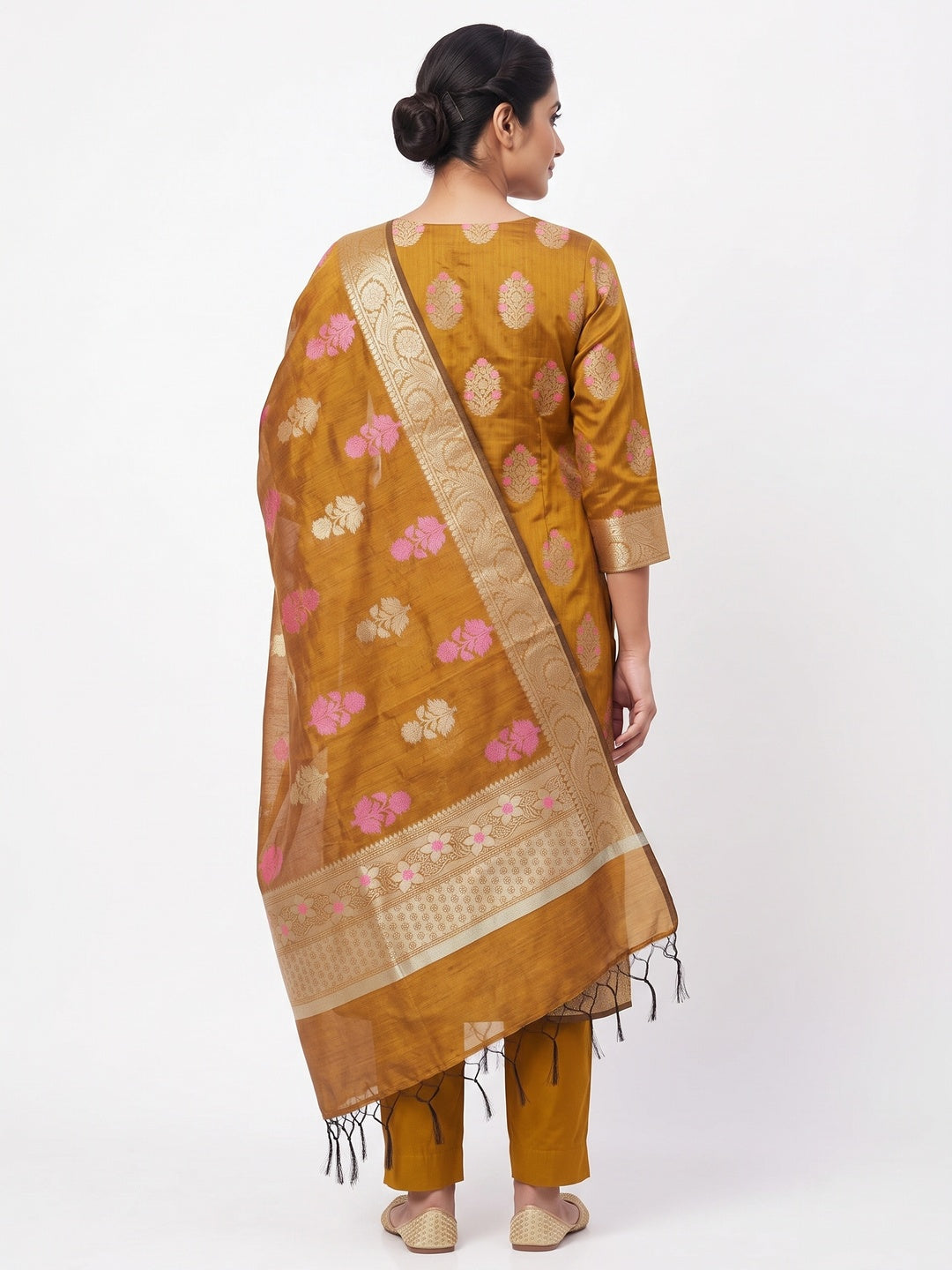 Mustard Floral Woven Banarasi Silk Dress Material - Image 2