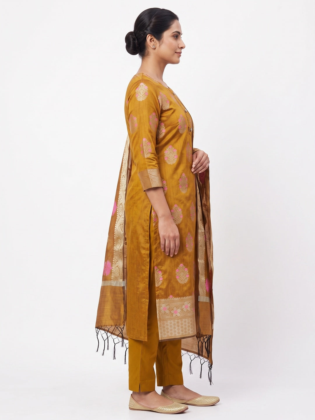 Mustard Floral Woven Banarasi Silk Dress Material - Image 3