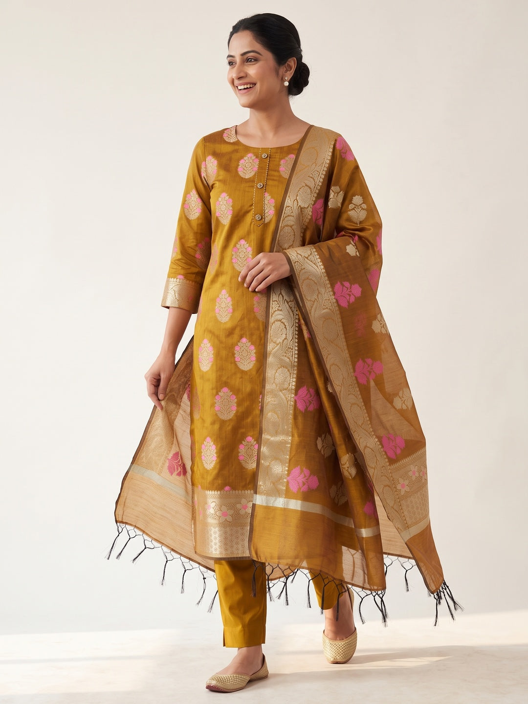 Mustard Floral Woven Banarasi Silk Dress Material - Image 4