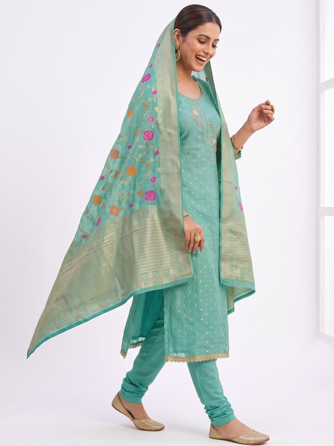 Elegant Turquoise Weaving Shimmer Banarasi Dress Material Adorned With Floral Moti & Sequin Work - Image 5