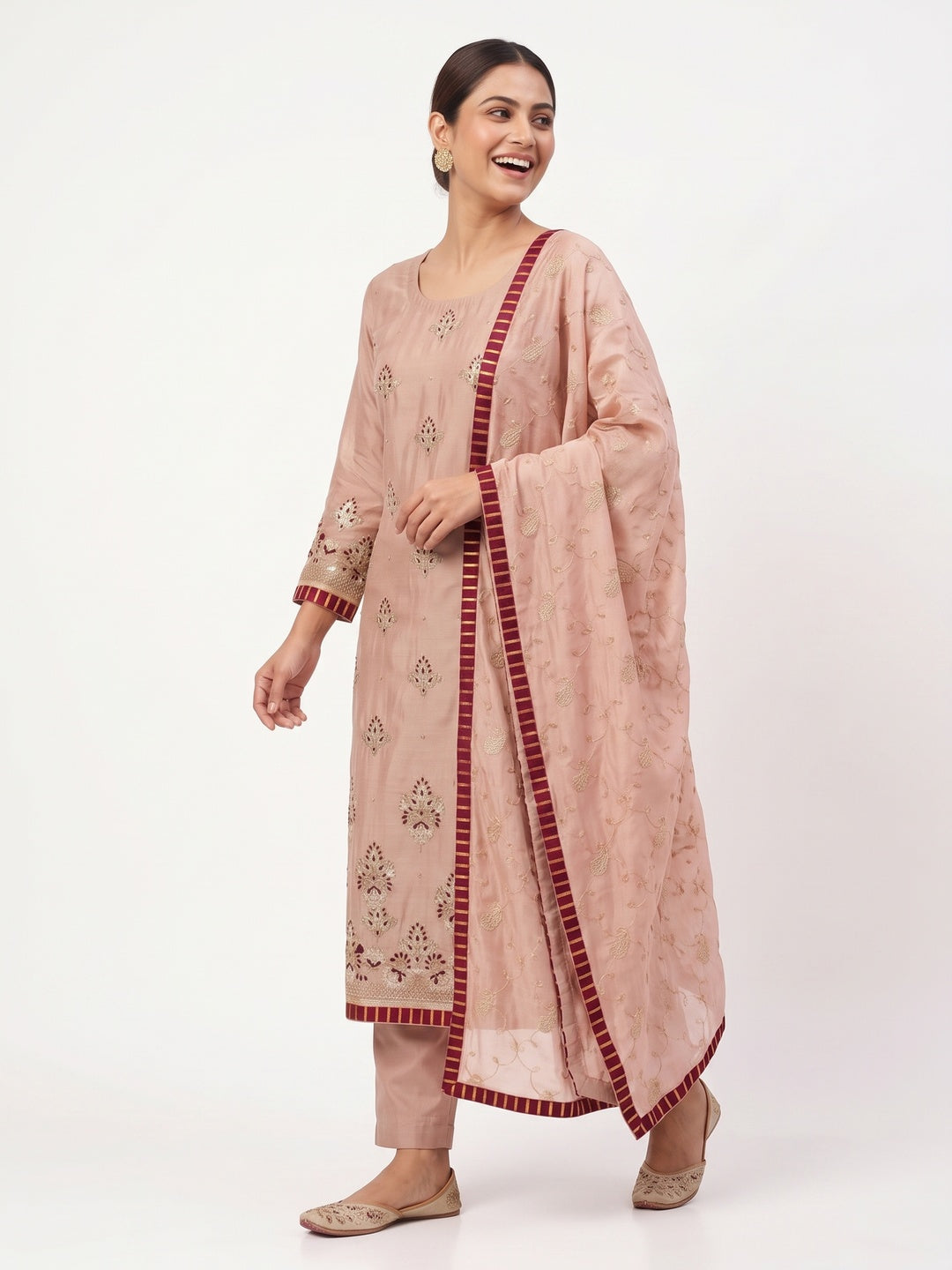Elegant Embroidered Modal Dress Material in Peach - Image 4