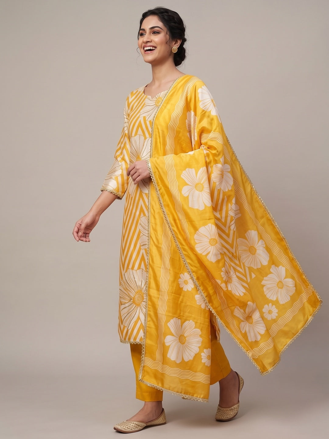 Yellow Digital Printed Cotton Silk Dress Material Featuring Floral & Zig Zag Patterns With Handwork - Image 4